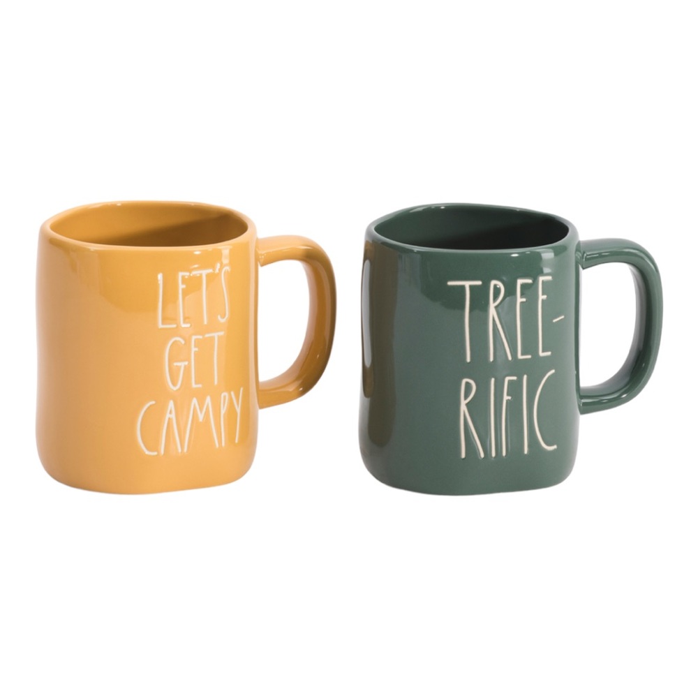 NWT Set of 2 RAE DUNN Campy CAMP TREE MUGS Coffee Cups Wilderness HIKING Outdoor